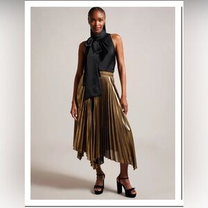 NWT Ted Baker Nattiee Midi Skirt Size 10-12 Gold Metallic Pleated
